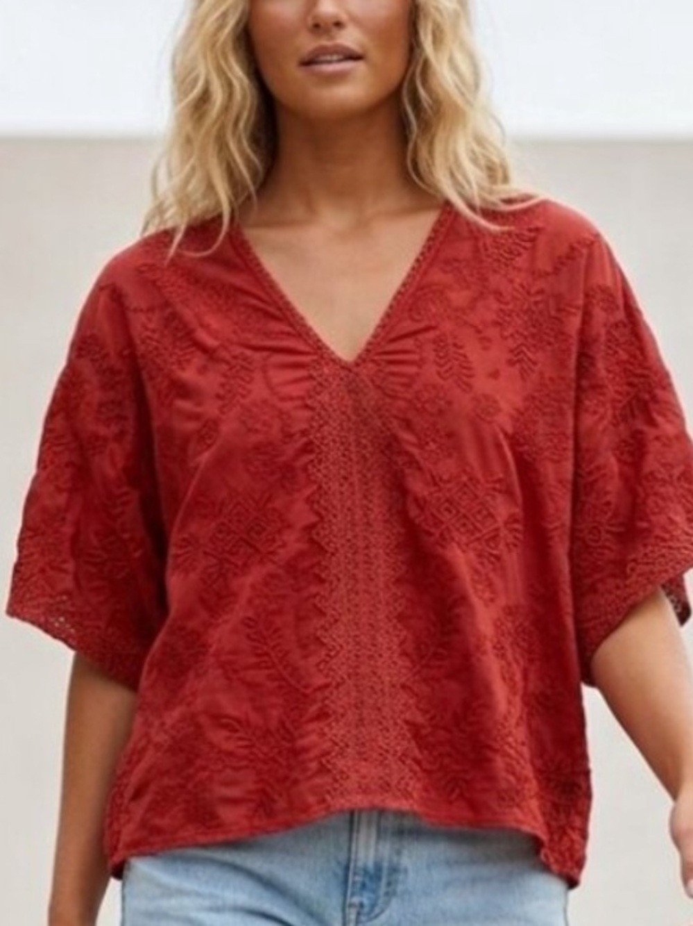Sundance Women's Red Floral Embroidered Cotton V-Neck Top Size PM 54686